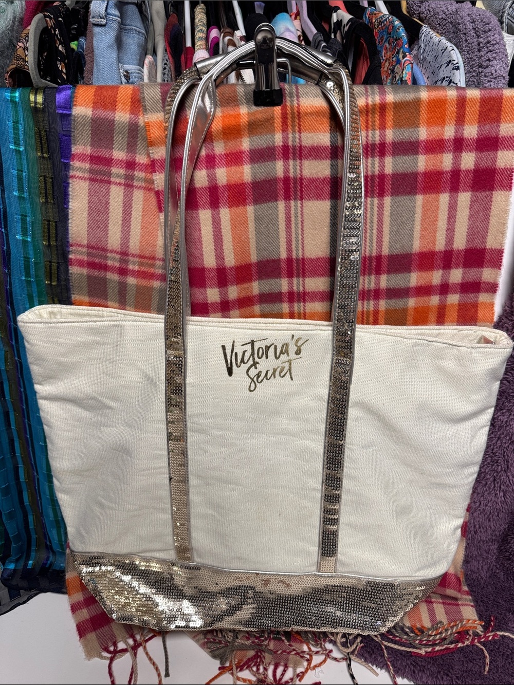 Victoria's Secret Cream Tote with Gold Sequin Accents